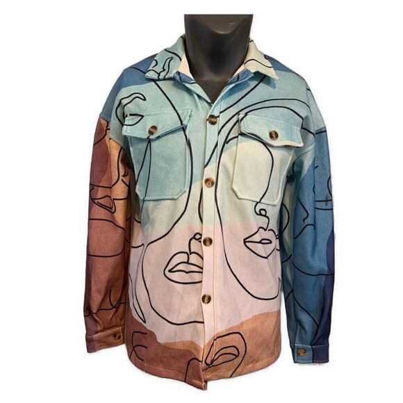 Unbranded Other - Mens RARE Blue Pink Brown Contemporary Art Long Sleeve Button Down Jacket L
